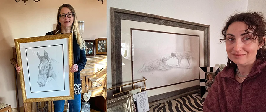 Two framed pencil pet portraits, one of Natalie and Freya, another of Ava and Rooney, hanging on a wall.