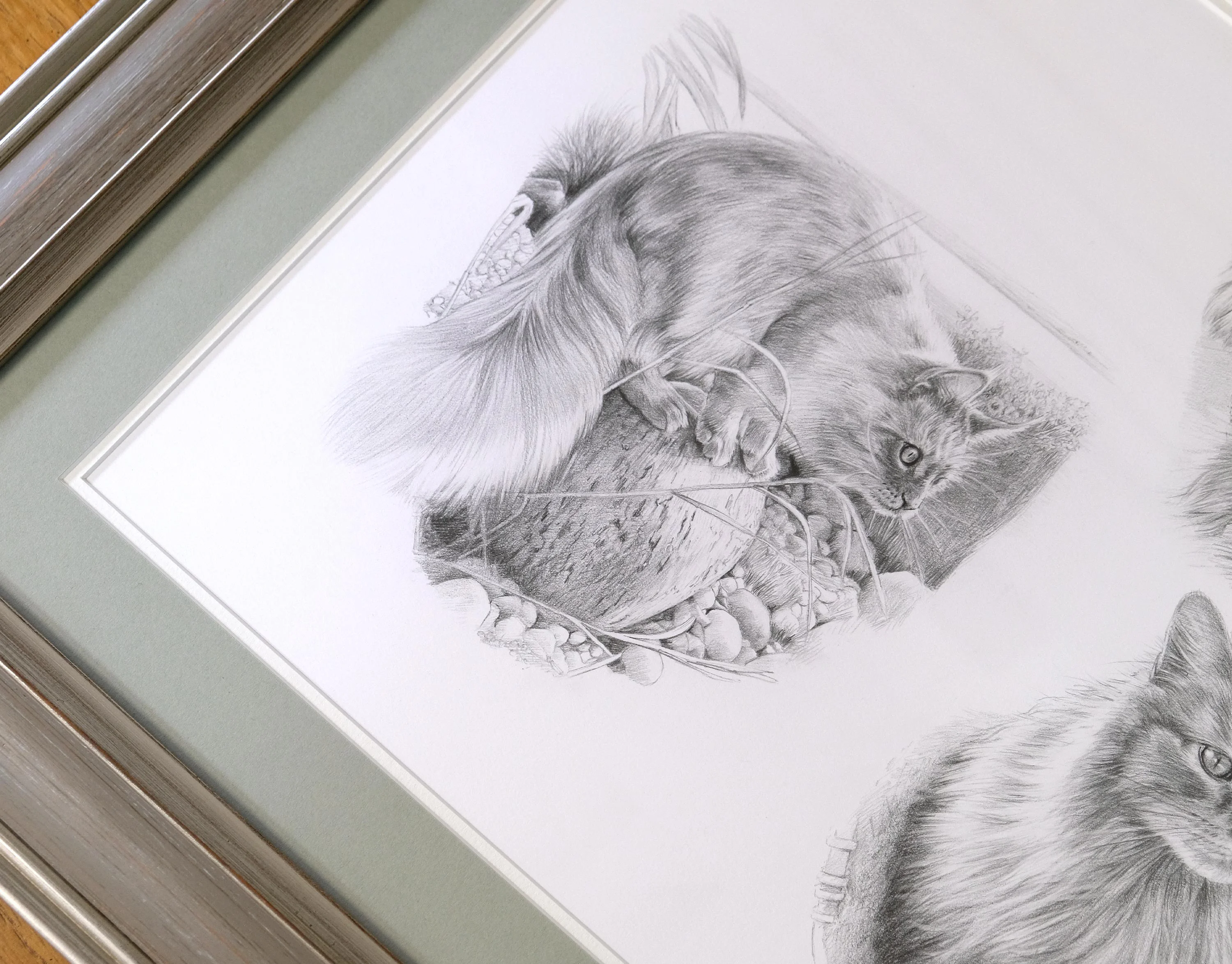 Framed cat Life Story Portrait portrait displayed within a home interior