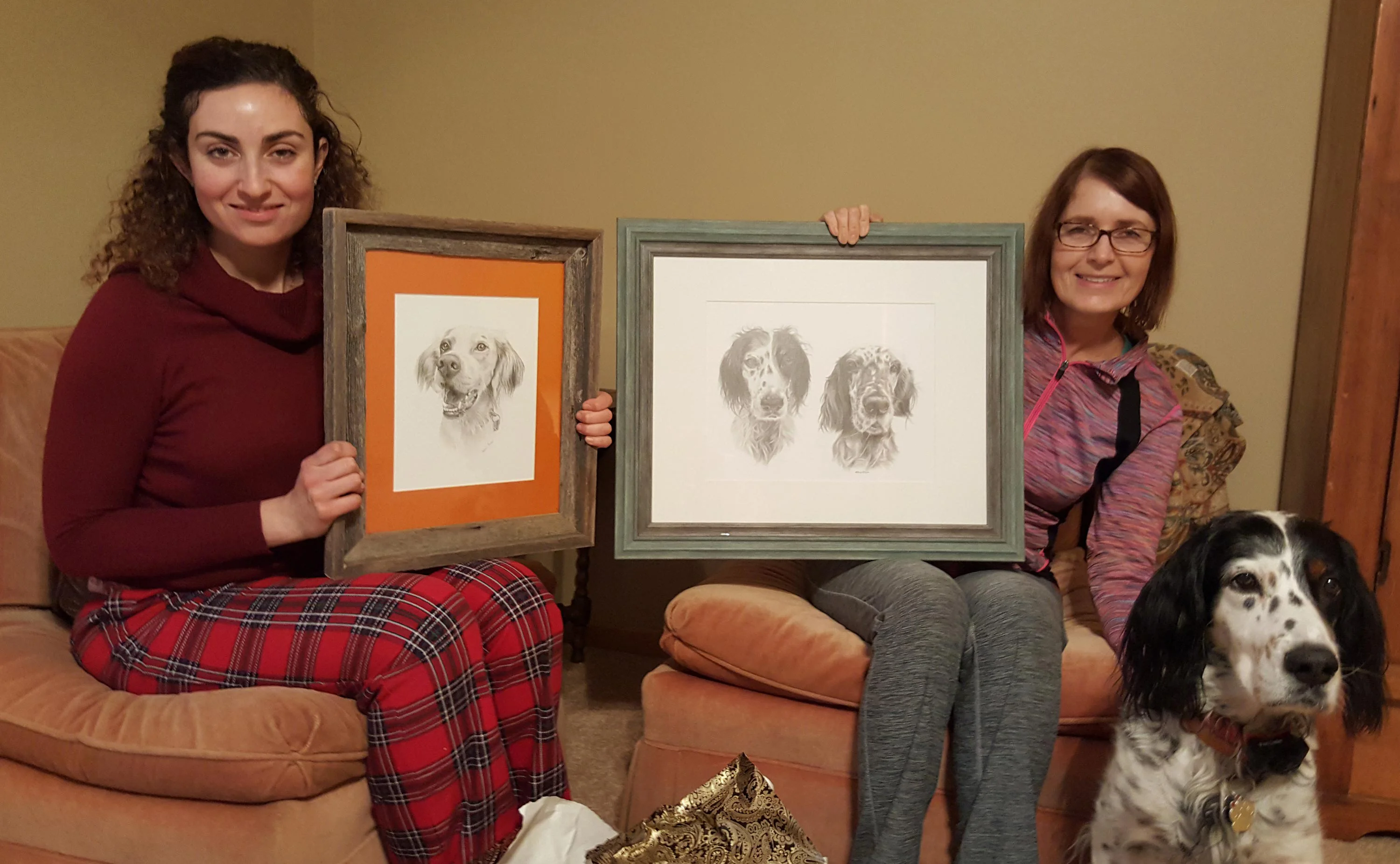 Detailed close-up of Violet's face in the English Setter pencil portrait, showing intricate fur and eye detail.