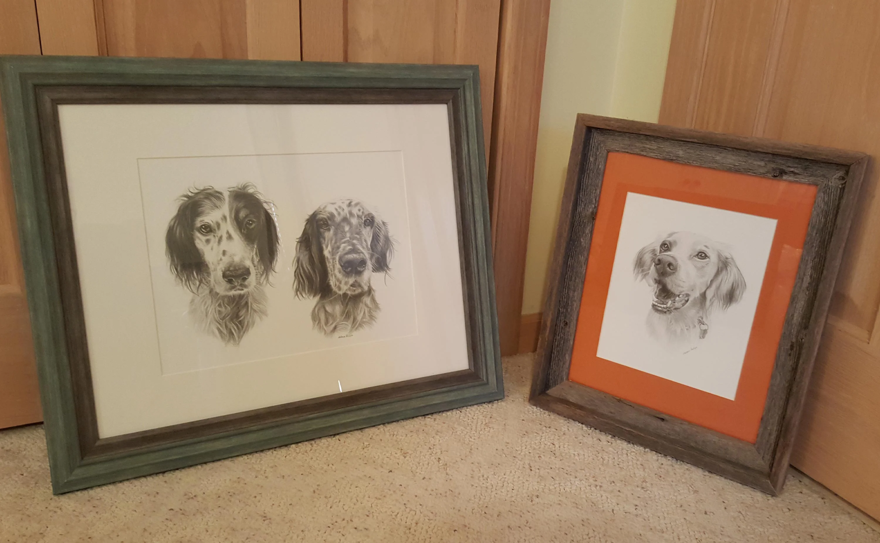 Detailed close-up of Gill's face in the English Setter pencil portrait, highlighting his features.