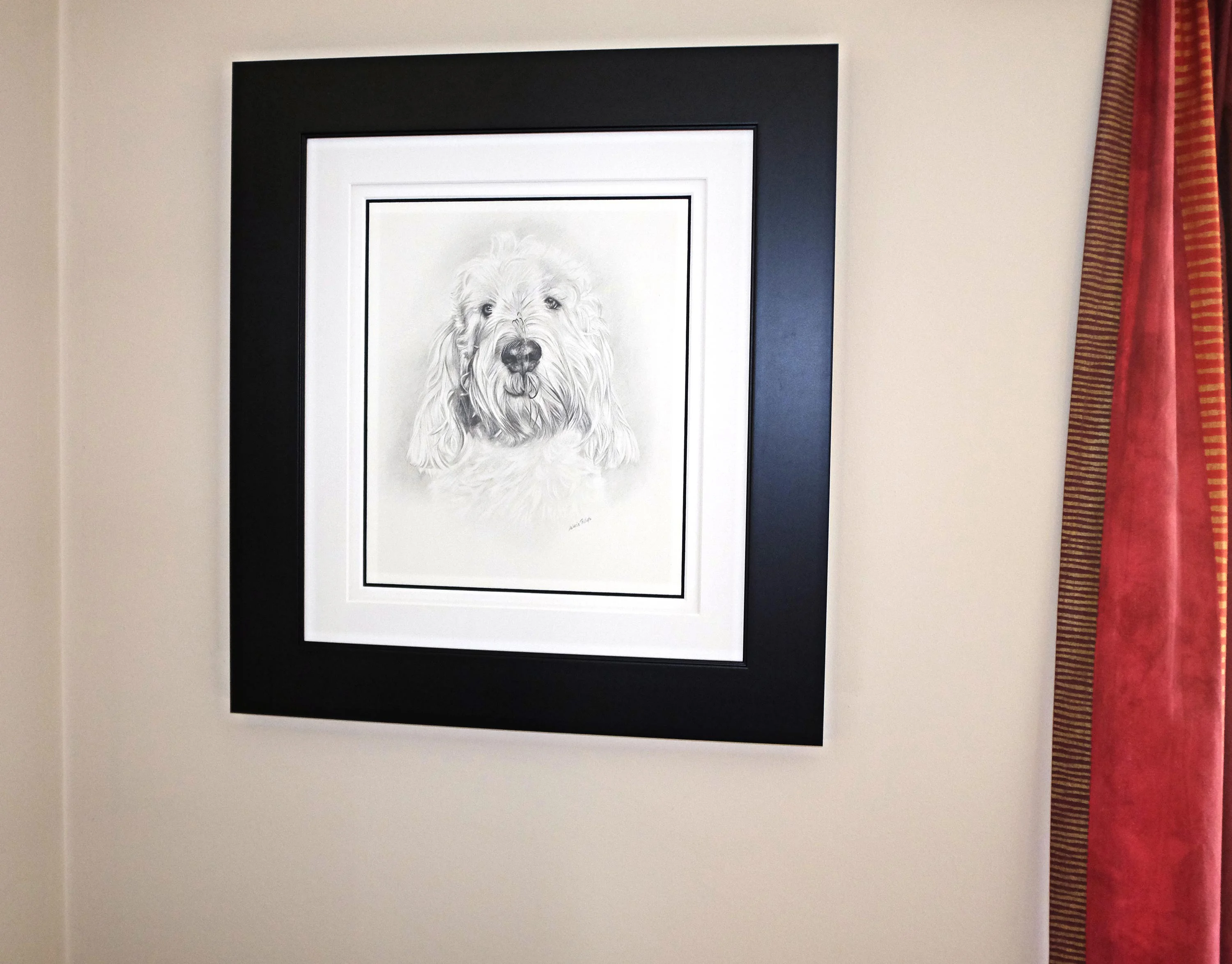 Close-up detail of Bilbo's expressive face in his Grand Basset Griffon Vendeen pencil portrait, highlighting his eyes and fur.