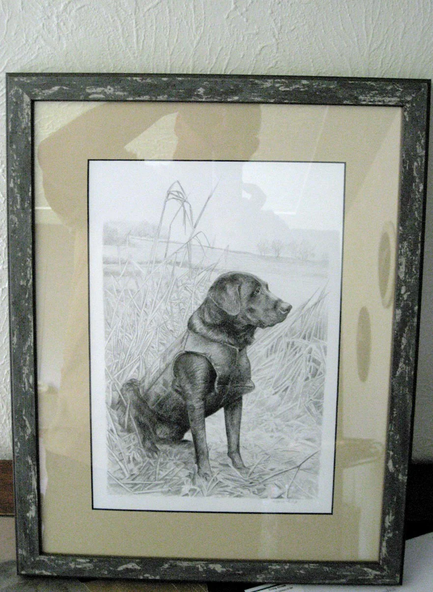 Close-up of the framed pencil portrait of Kirby, showcasing the details of the dog and background.