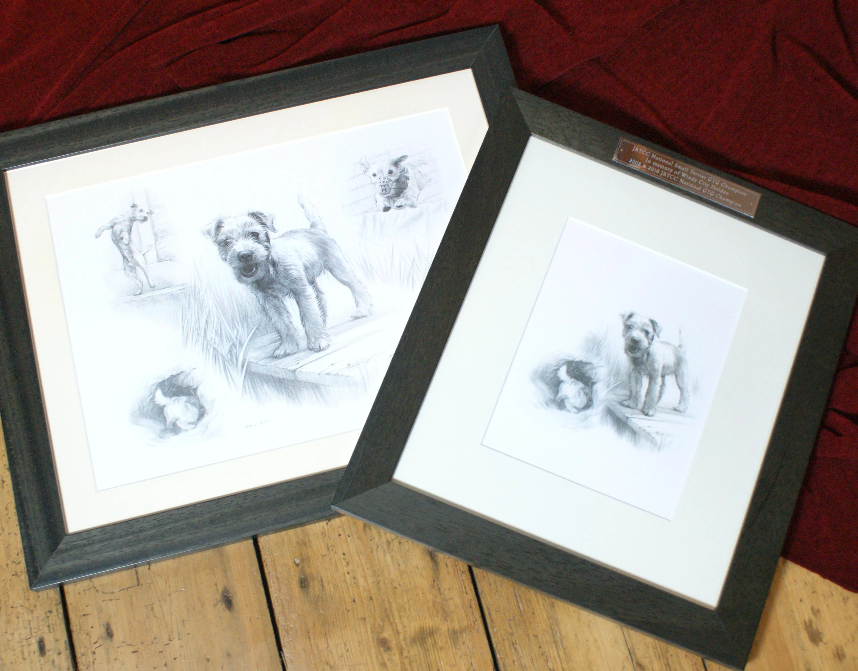 Another view of the framed Life Story Portrait pencil portrait of Holden the Jack Russell, showing presentation.